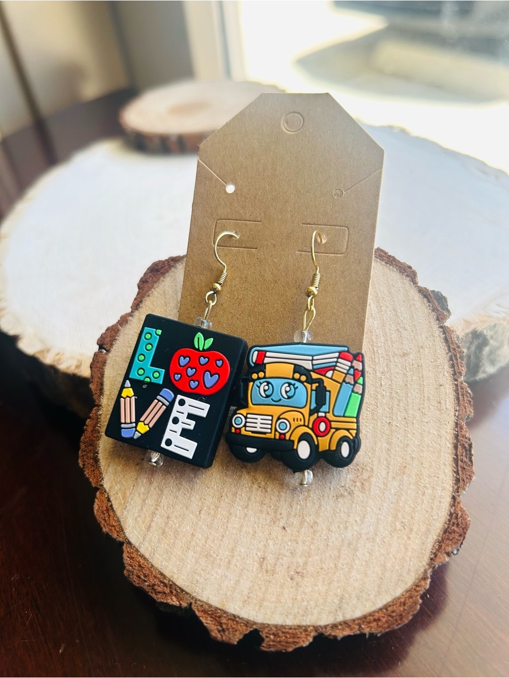 Teacher School Dangle Earrings | Apple & School Bus - Picture 4 of 6
